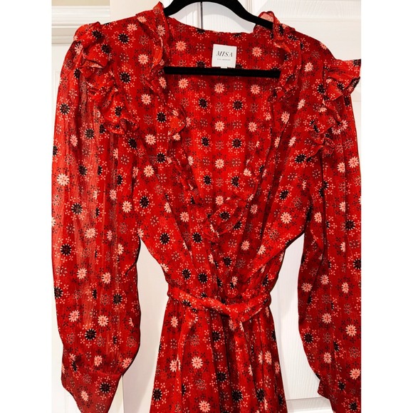 MISA Los Angeles Floral Print Mini Dress Ruffle Trim Long‎ Sleeve Red XL - Picture 8 of 14